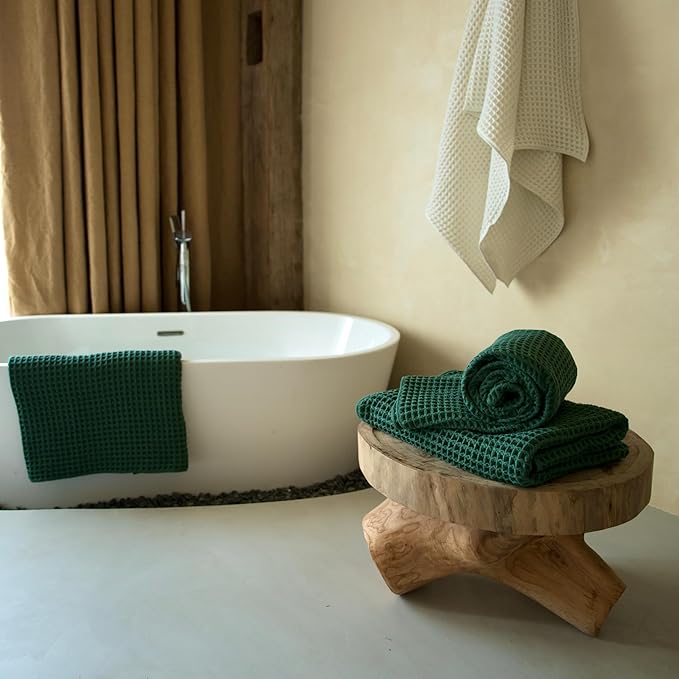 Luxury Organic Japanese Cotton Waffle Bath Towel | Thick, Absorbent, Quick Dry Bathroom Towels for Shower, Sauna, Onsen| Hotel & Spa Quality, Gift-Ready (Forest Green, Bath Sheet (Set of 2))
