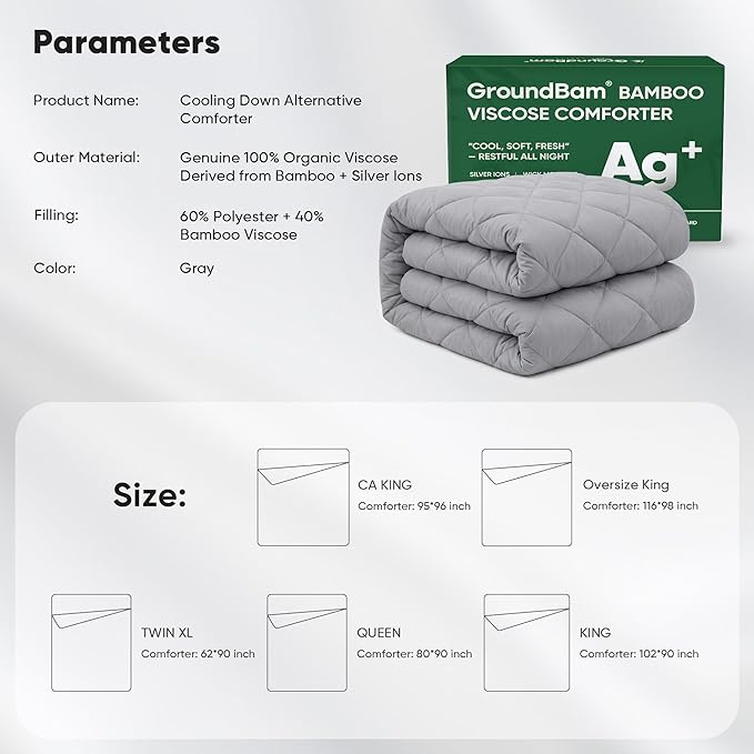 Cooling All-Season Down Alternative Comforter, Silver-Treated Lightweight Duvet Insert, Cool-to-The-Touch Bamboo Comforter, 100% Bamboo Viscose Outer Cover - Gray, Caking