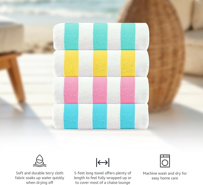 CASA COPENHAGEN Cabana Beach Towel Designed in Denmark Rough and Tough, Quick Dry, Beach, Pool, Bath & Shower 30x60 inches 4 Pieces Cotton Beach Bath Towels Set - Teal, Lemon, Pink, Water Blue