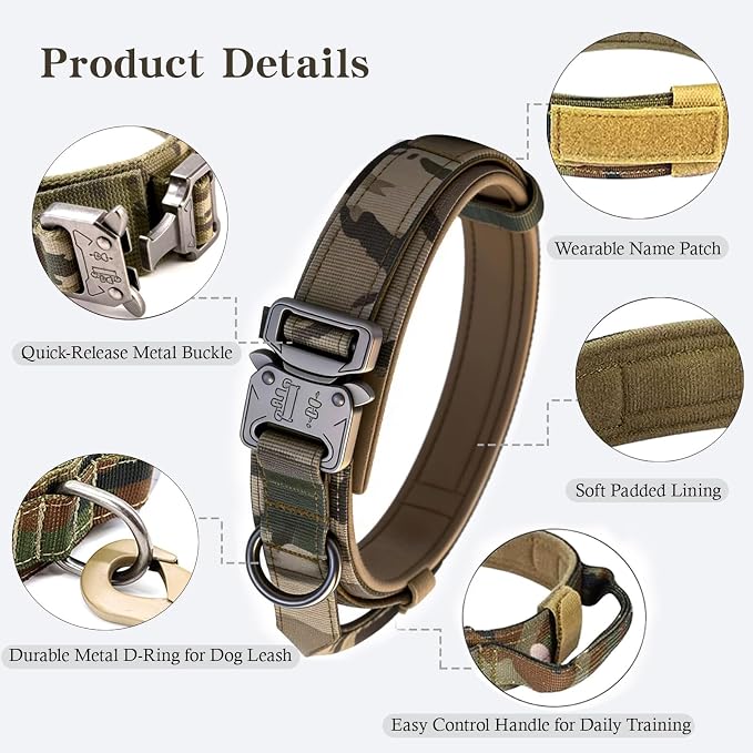 Tactical Dog Collar Adjustable Military Nylon Dog Collar with Control Handle and Heavy Duty Metal Buckle for Medium and Large Dogs (Camo,XL)