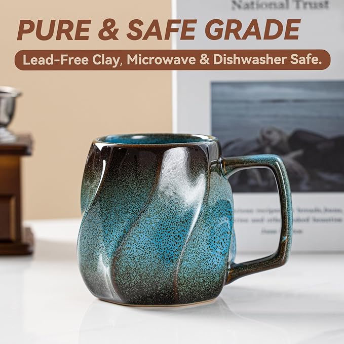 Deep Sea Aurora Ceramic Coffee Mug - 17 oz Unique Reactive Glaze Coffee Cup with Ergonomic Handle, Ceramic Mug for Office Home, Birthday Gift for Men Women