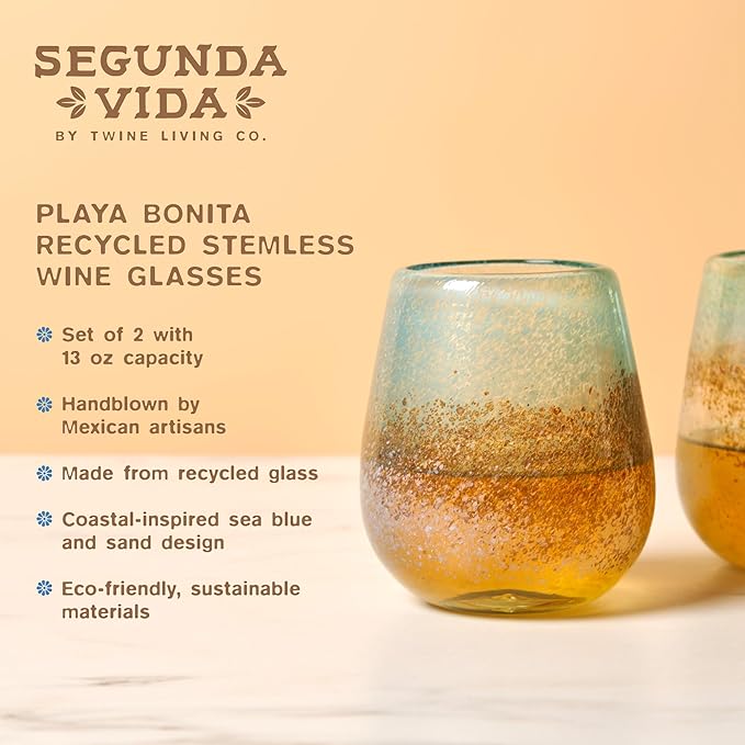Segunda Vida Playa Bonita Hand Blown Wine Glasses, Recycled Mexican Glassware with Coastal Inspired Sea Blue and Sand Design, Stemless Drinking Glasses for Wedding Gifts, Wine Lovers, 13 oz Set of 2