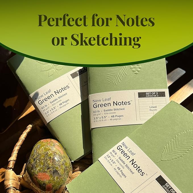 New Leaf Green Notes™ Memo Books, Sustainably Designed, 100% Recycled Paper, Chestnut Redwood and Ash Embossed Covers, Blank Lined and Dotted Page Mixed Pack, 3.5" x 5.5", 3 Books Per Pack