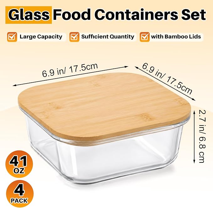 Blushtier 4 Pack 41 oz Borosilicate Glass Food Containers with Bamboo Lids, Stackable Glass Bowls for Meal Prep & Lunch, Microwave, Freezer and Dishwasher Safe