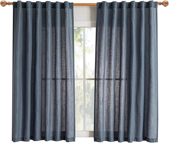 MYSKY HOME Short Semi Sheer Curtains for Bedroom 63 Inches Long Light Filtering Privacy Drapes for Small Window Linen Look Boho Home Decor Curtain for Parties, 50" x 63", Dusty Blue, 2 Pieces