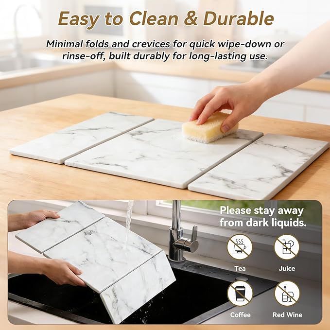 Large Stone Drying Mat for Kitchen Counter, Foldable Quick Dry Dish Drying Mat, 24"x16" Water Absorbent Diatomaceous Earth Mats for Bottles Cups Dishes, Modern Kitchen Essentials (White)
