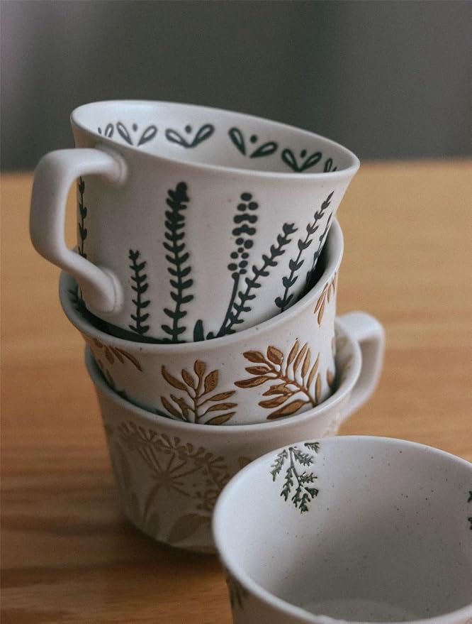 4 Pack 12oz Speckled Stoneware Coffee Mugs, Vintage Black Seaweed Botanical Ceramic Tea Cups, Rustic Hand Drawn Floral Drinking Mugs, Microwave Dishwasher Safe, Gift Set for Coffee Lovers
