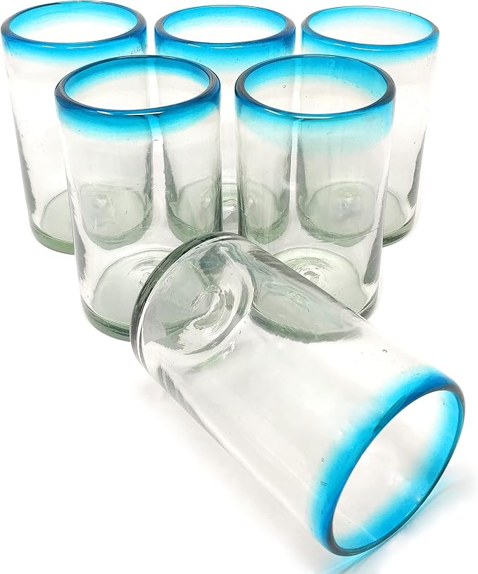Dos Sueños Hand Blown Mexican Drinking Glasses – Set of 6 Glasses with Aqua Rims (14 oz each)