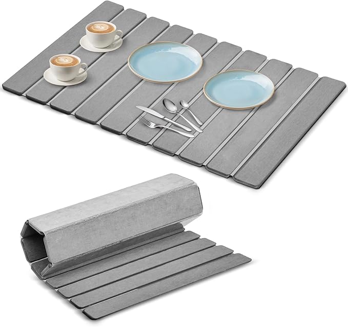 Large Stone Dish Drying Mat for Kitchen Counter, Premium Diatomaceous Earth Coaster Set for Dishes with Free Drainer Rack| Non-Slip Kitchen Sink Mat | Fast-Absorbing, (24x16 Inch, Light Grey)