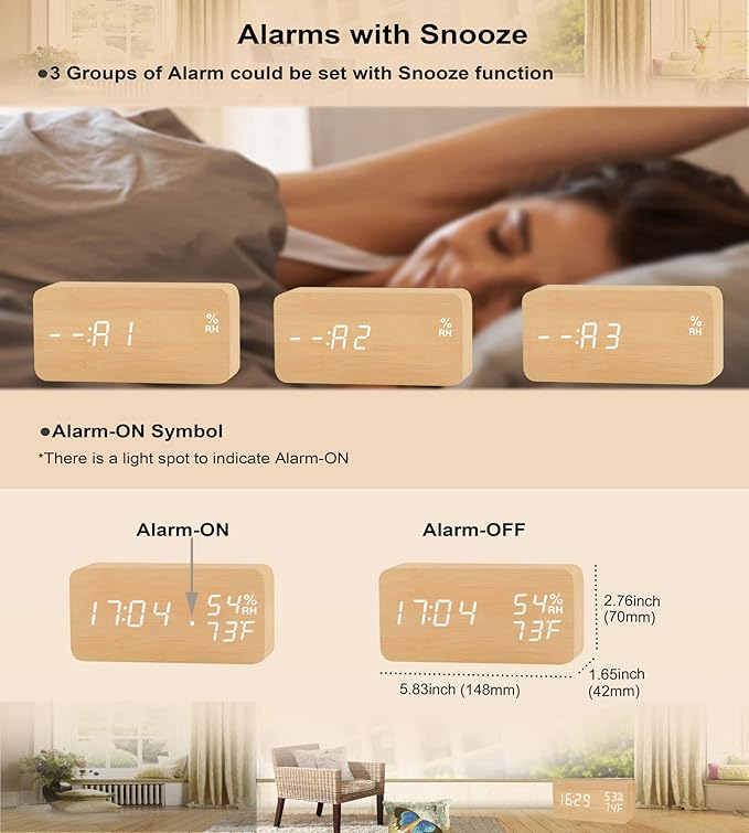 Alarm Clock Modern Wood Digital Clock Snooze LED Desk Clock Display Time Temperature Humidity Brightness Adjustable for Home Kids Bedroom Office(Beige)