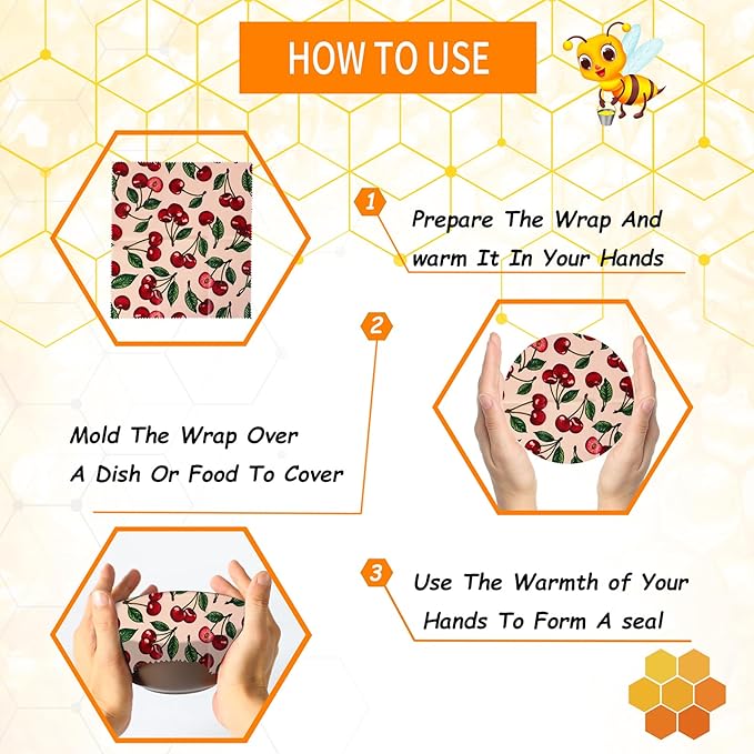 Reusable Beeswax Wrap, 11 Pack Eco-Friendly Beeswax Wraps For Food, Organic, Sustainable, Biodegradable, Zero Waste, Plastic-Free Food Storage, 1L Avocado, 2M Cherry, 4S Strawberry, 4XS Lemon Patterns