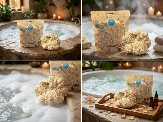 Organic Bath Sponge/Natura Bath Organic Cotton Bath Sponge – Ultra Soft Natural Body Sponge for Shower, Gentle Exfoliating Bath Sponge for Sensitive Skin, Reusable Eco-Friendly Shower Sponge