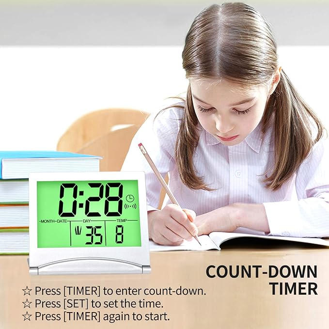 Betus Digital Travel Alarm Clock with Backlight - Foldable Calendar Temperature Timer LCD Clock with Snooze Mode - Large Number Display, Battery Operated - Compact Desk Clock