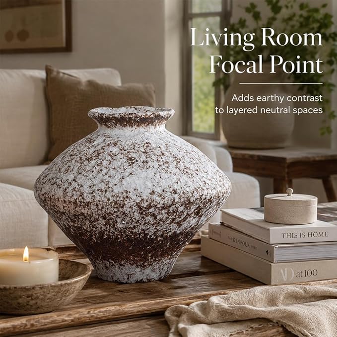Large Wabi Sabi White Vintage Ceramic Vase, 10.6" Rustic Pottery Vase for Centerpieces, Textured Decorative Flower Vases for Table, Living Room, Bedroom, Bathroom, Kitchen, Farmhouse Home Decor Gifts