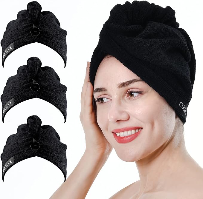 3Pack Microfiber Hair Towels, Wrap for Women(Drying Towel, Turban), Curly Hair - 10Wx28L, Black