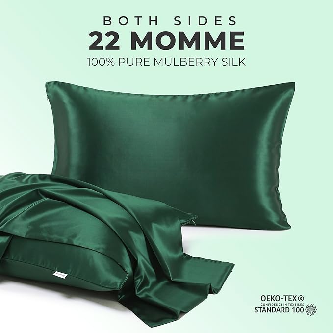100% Pure Mulberry Silk Pillowcase for Hair and Skin, 6A Grade 22 Momme Silk Pillow Cases with Zipper, Soft Cooling Washable Both Sided Silk Pillow Cover (Dark Green, Standard 20''x26’’)