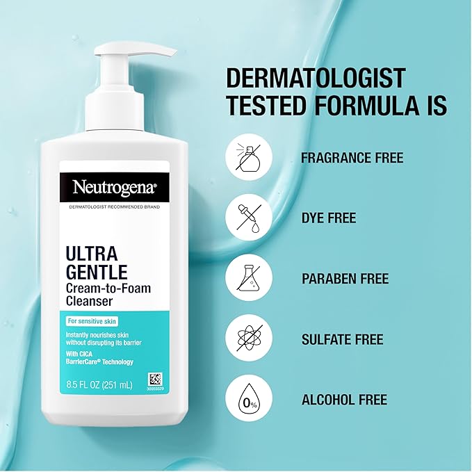 Neutrogena Ultra Gentle Cream to Foaming Face Wash for Sensitive Skin, Fragrance-Free Gentle Facial Cleanser, Hypoallergenic Skin Care, Non-Comedogenic Makeup Remover, 8.5 oz
