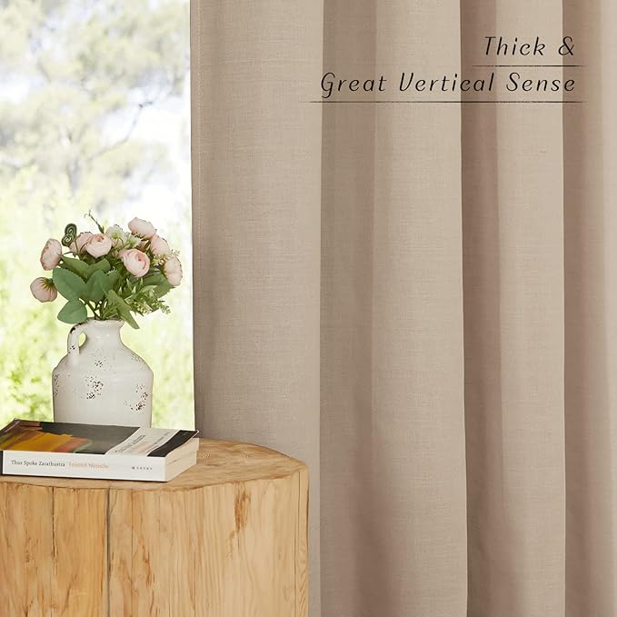 NICETOWN Thick Linen Camel Curtains 95 inches Long, Rod Pocket & Back Tab Flax Linen Weave with Light Filtering Window Treatments Privacy Assured for Living Room, W55 x L95, 2 Panels