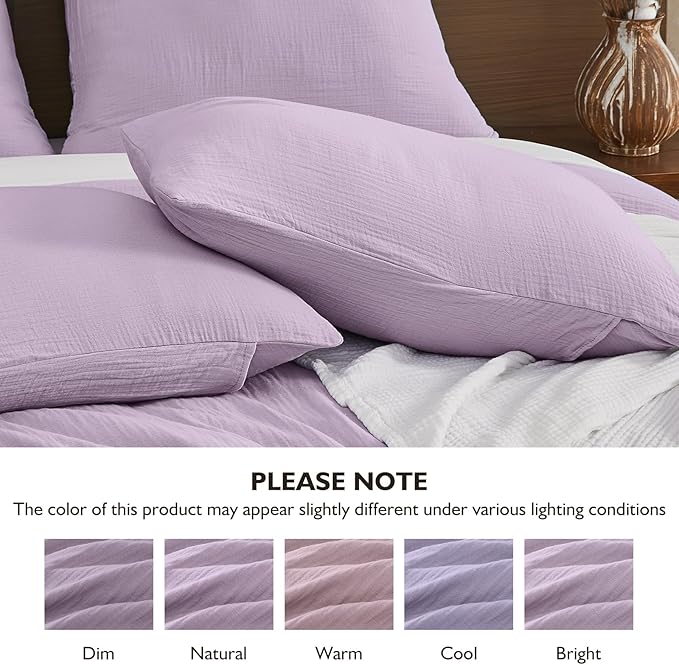 EMME Muslin Cotton Duvet Cover Set Lavender King Size Linen Like Soft Breathable Lightweight Summer Comforter Cover Set with Zipper Closure (Lavender, King, 104"x90")