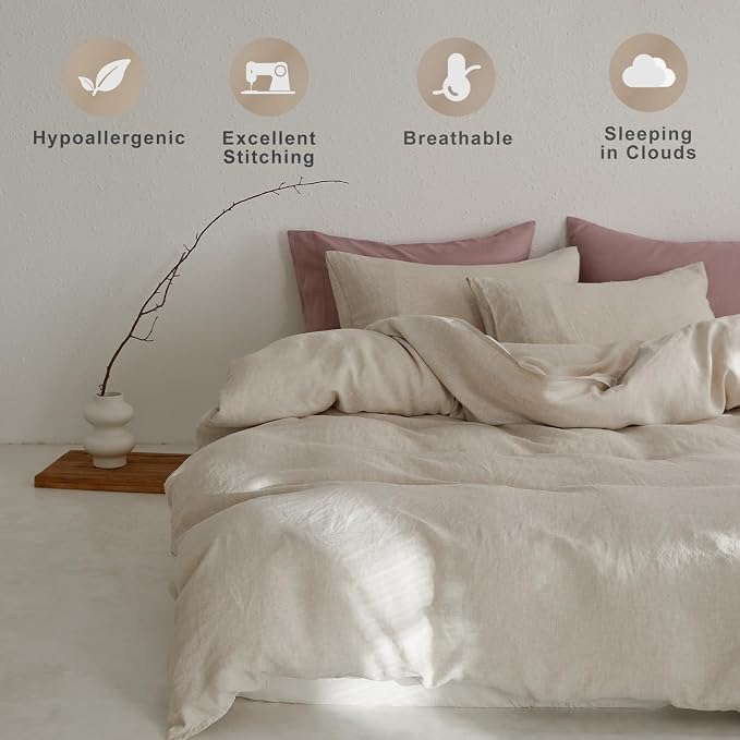 TOSMO 100% Linen Duvet Cover Set King, Pure French Flax Natural Linen Duvet Cover with Zipper Closure & Corner Ties, Cooling Breathable Comforter Cover 3 Piece (Linen)