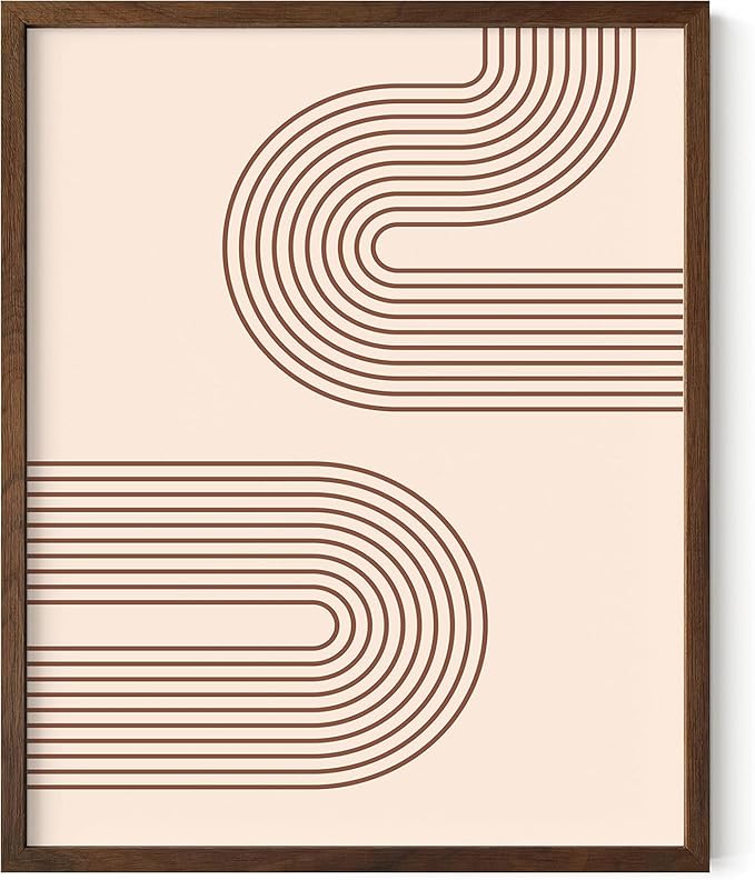 Abstract Double Wavy Arch Wall Art Minimalist S-Shape Lines Earth Tones Terracotta Brown 16x20 Inch Oak Wood Walnut Framed Boho Geometric Print for Modern Living Room Decor