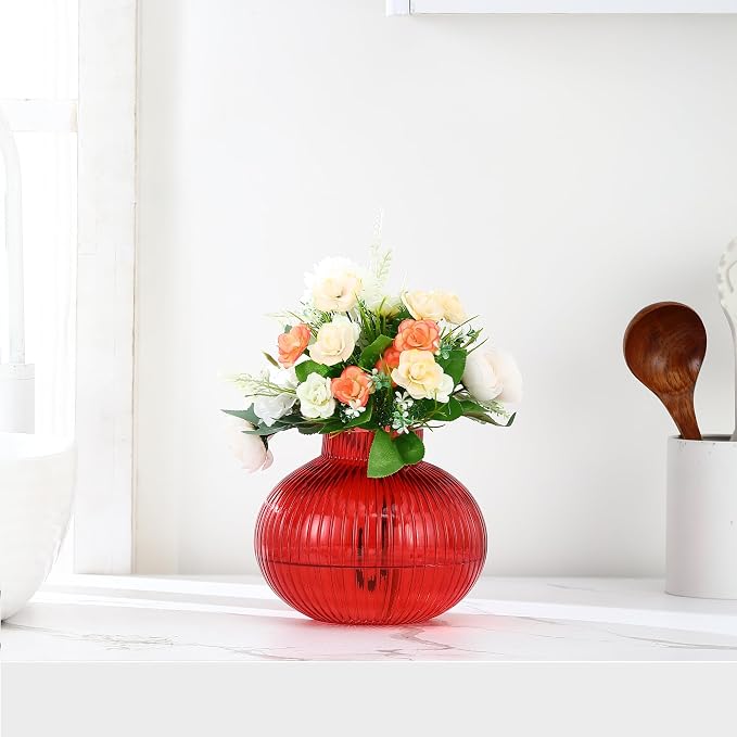 Red Glass Vase, Flower Vases for Bouquet, Ribbed Glass Vases for Flowers, Small Red Vase for Living Room, Office, Coffee Table, Shelf, Wedding, 6 Inches
