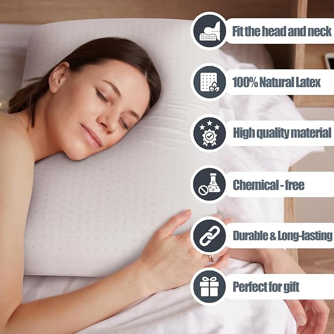 Talalay 100% Natural Premium Latex Pillow,Bed Pillow for Sleeping with Removable Cotton Cover, Helps Relieve Pressure, Breathable, Pressure Relief, Durable, Best Gift (Queen (Medium))