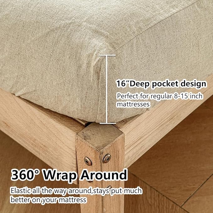 NSNLGSGC 100% French Linen Sheets Queen Size, 4 Piece Pure Linen Bed Sheet Set, Breathable, Cooling & Durable, Soft Washed Natural Flax Bedding with 16 Inch Deep Pocket, All Season Use(Queen, Linen)