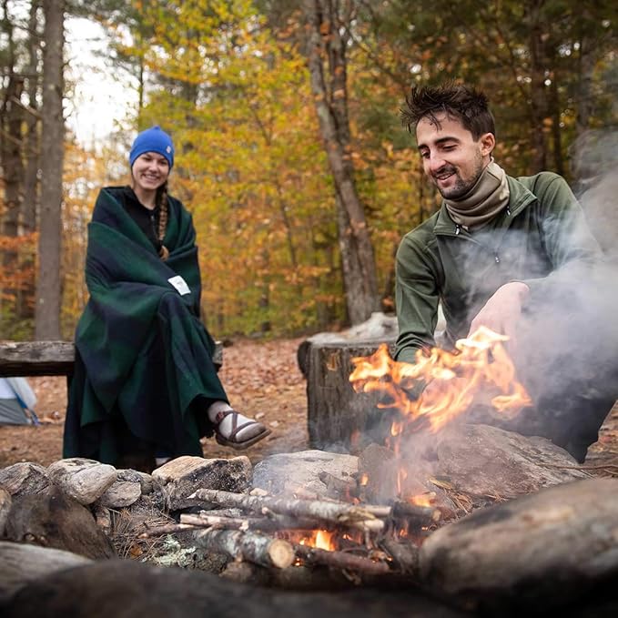 Camp Throw Blanket - 80% Recycled Wool - Buffalo Plaid - Warm Throw Blanket - Thick - Washable - 62W x 80L - Green and Blue Plaid