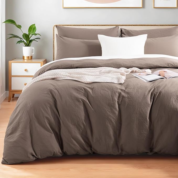 NEXHOME PRO 100% Washed Cotton Duvet Cover Twin Size, Ogranic Natural Linen Feel Breathable Bedding Set with Zipper Closure, 2 Pieces Duvet Cover Set Chocolate (No Comfortert) 6890
