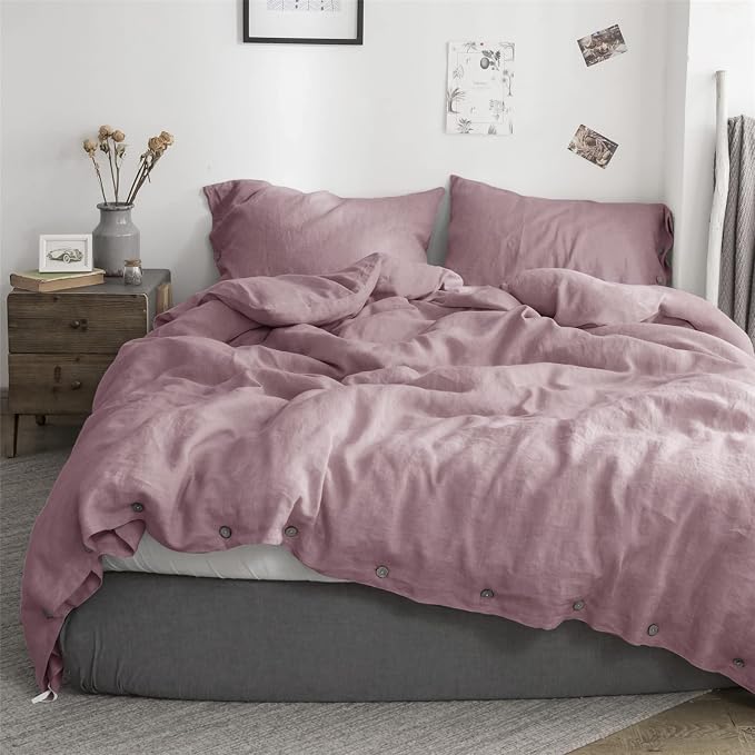 Simple&Opulence 100% Linen Duvet Cover Set 3pcs with Coconut Button Closure Natural French Washed Flax Solid Color Soft Breathable Farmhouse Bedding - Purple, Queen Size