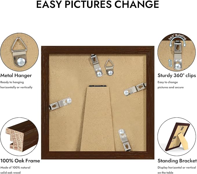 Hongkee 5x5 Oak Wood Picture Frame 1 Pack(Matted 4x4) with Real Glass Cover | Walnut, 5 x 5 Solid Wood Frame for Wall or Tabletop Display - Includes Easel Back, Vertical Hang - Ideal for Home, Office