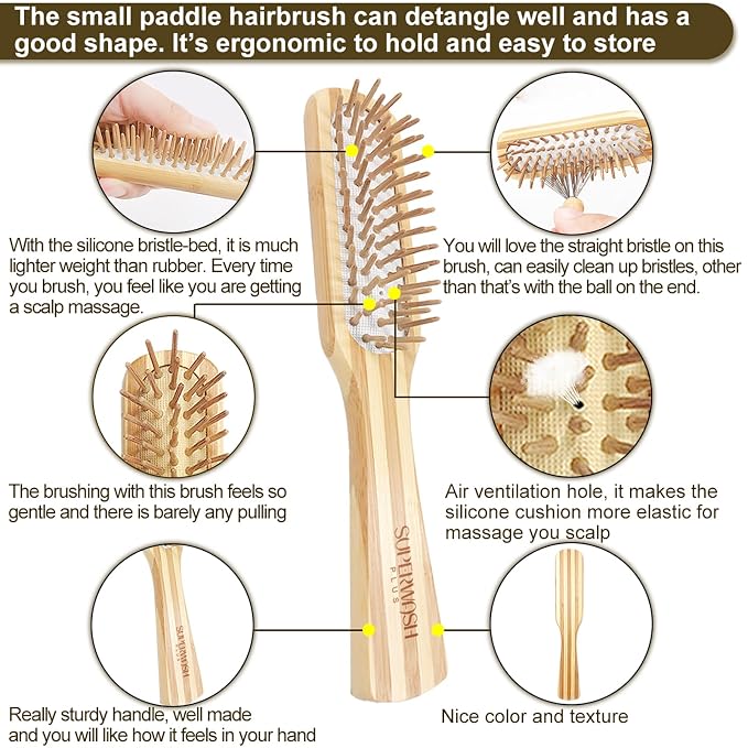 Bamboo Hair Brush Comb Set for Women Men, Wood Bristle Paddle Detangling Brush, Wide Tooth Comb for Curly Wavy Thick Thin Wet Dry Hair, Brush Cleaning Tool Included - 4 Pack