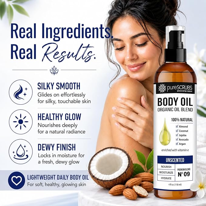pureSCRUBS Ultra Moisturizing Unscented Body Oil for Dry Skin, 4 oz | Fragrance Free, After Shower Body Oil for Buttery Soft Glowing Skin, Non-Greasy Vitamin E Blend for Bath, Massage & Cuticles