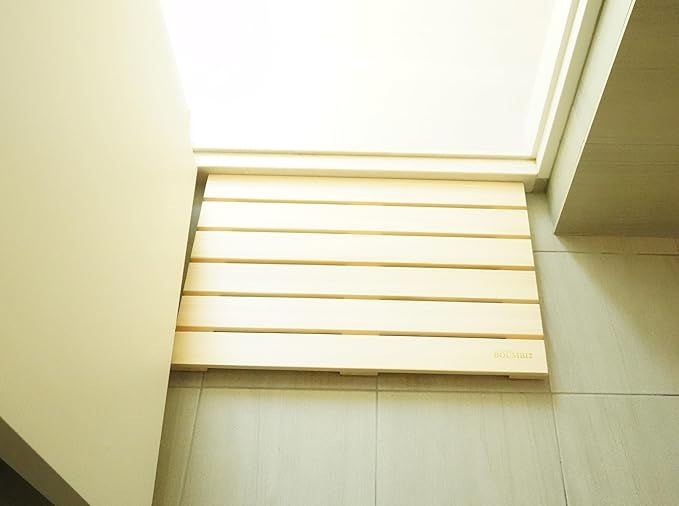 BOUMBI Hinoki Wood Bath Mat with Non-Slip Rubber Pad Cypress Wood Shower Mat (25.6 x 17 x 1 Inches)