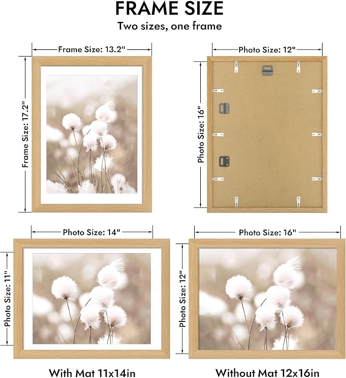 Hongkee 12x16 Oak Wood Picture Frame 1 Pack(Matted 11x14), Real Glass Cover | Natural, 12 x 16 Solid Wood Frame for Wall Mounting - Includes Easel Back, Vertical Hang - Ideal for Home, Office