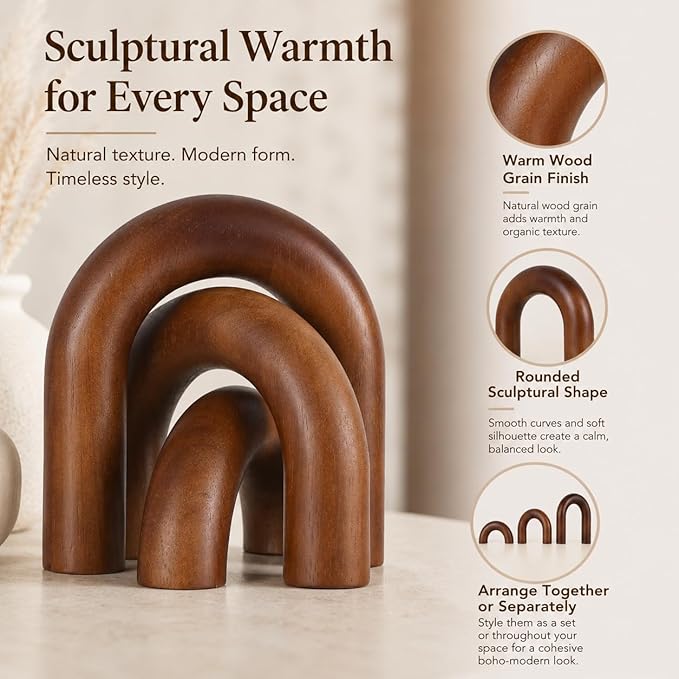 XMGZQ Brown Wood Arch for Coffee Table Decor Items,Wood Statue and Sculpture Set 3,Japanese Neutral Home Decor Aesthetic,Living Room,Entryway,Bookshelf,Floating,Console,Boho Minimalist Objects
