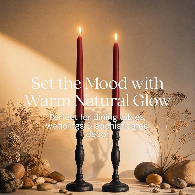 Bluecorn Beeswax Taper Candles, 100% Pure Natural Bees Wax, Pair of 12 Inch Burgundy Tapered Candlesticks, Clean Burning & Dripless, Fragrance Free, Long Lasting, Home Decor, American Made, 1 Count