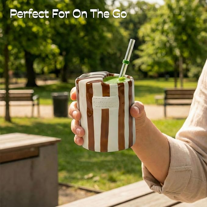 Ceramic Coffee Mug with Half Lid, 12oz Handmade Retro Striped Travel Mug, Minimalist To Go Coffee Cup for Home Office, Reusable Pottery Tumbler, Brown