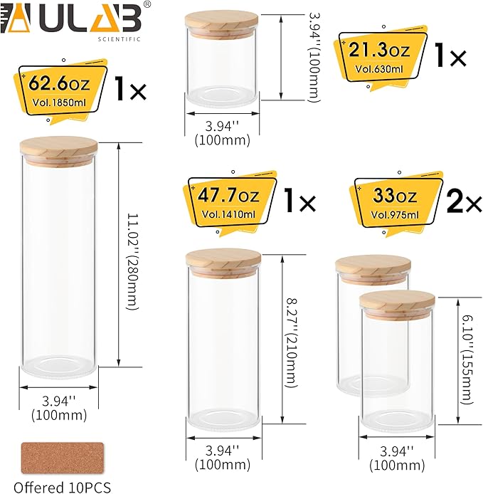 ULAB 3.5mm Thick Glass Food Container Set with Lid, 5 Pack Multi Size Clear Storage Jar, Glass Airtight Canisters set for Cookie, Candy, Coffee Beans, USJ1008
