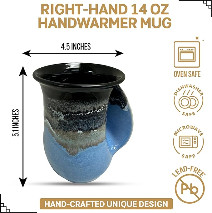 Clay in Motion Hand Warmer Coffee Mug – Handmade Coffee Mug With Comfortable Handle Contoured Pocket Hand Warming Ceramic Coffee Mug – Proudly Made in USA – Right Handed – 14 Oz - Pacific Chill