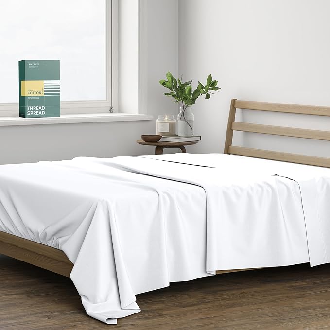 THREAD SPREAD 100% Organic Cotton Percale Flat Sheet Full Size - 1 PC Flat Sheet, White - Crisp, Cool and Strong Bed Linen, Top Sheets for Hot Sleepers, Luxury Breathable GOTS Certified Sheets