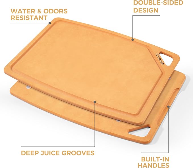 BESTCOOK Wood Fiber Cutting Board Set of 3, Composite Chopping Boards with Juice Groove, Dishwasher Safe, Non-Toxic, BPA-Free, Non-Porous, Non-Slip Feet, Durable for Cutting Meat, Vegetables, Fruit