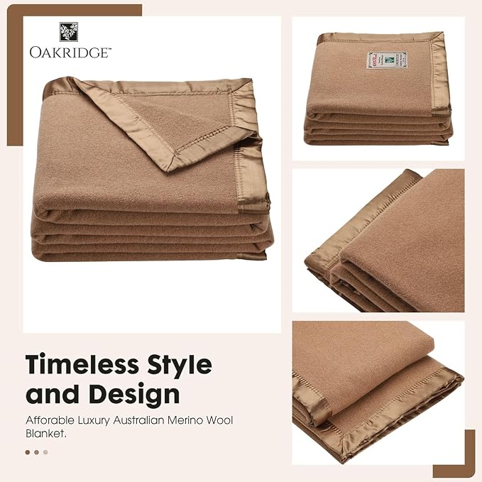 OakRidge Heirloom Merino Wool Blanket – 100% Australian Wool with Vintage Satin Edges – Breathable, Odor-Resistant, All-Season Bedding in King Size – Tan Cozy Throw for Home or Travel