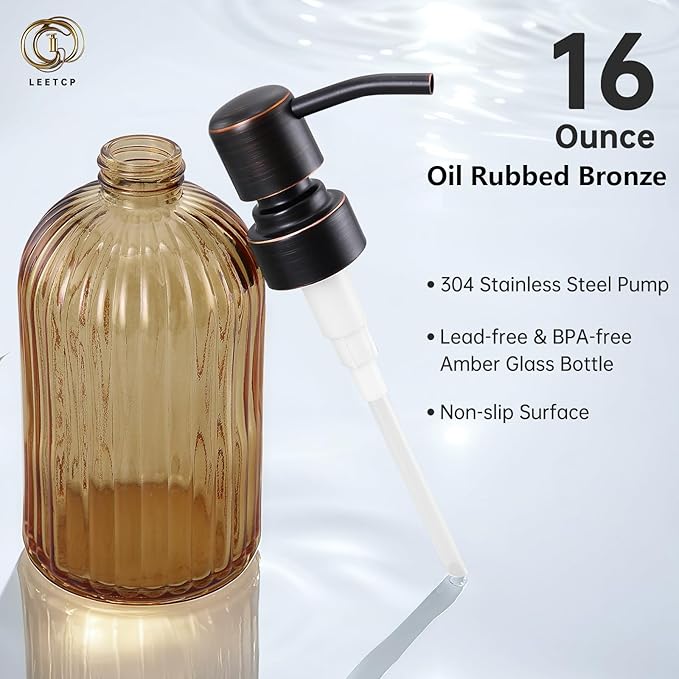 16 OZ Amber Glass Soap Dispenser, Amber Stripe Bathroom Hand Soap Dispensers with Stainless Steel Bronze Pump,Brown Glass Kitchen Hand Soap Dispenser with Oil Rubbed Bronze Pump,2 Packs