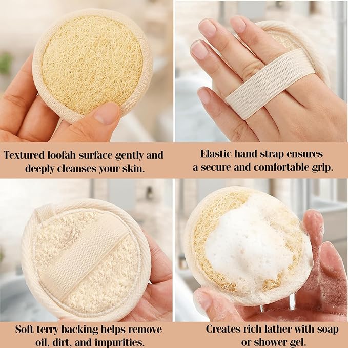 Ewelà Natural Facial Cleansing Pad – 100% Organic Loofah & Cotton Dual-Sided Exfoliating Face Scrubber – Reusable, Biodegradable, Gentle Skin Care Sponge for Daily Deep Pore Cleanse – 8.5cm Round
