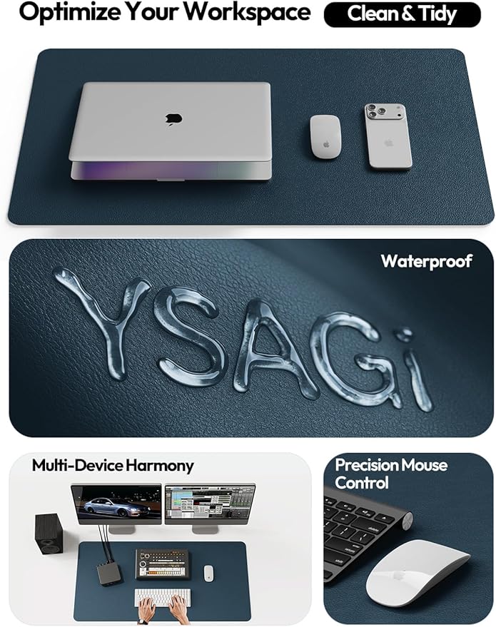 YSAGi Leather Desk Protector, Office Mat, Large Mouse Mat, Non-Slip PU Leather Blotter, Laptop Pad, Waterproof Writing Pad for Office and Home (Dark Blue, 35.4" x 17")