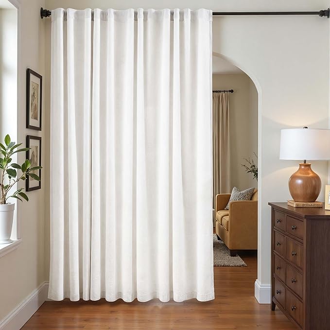 jinchan Extra Wide Sliding Door Curtain 84 Inch Length with Privacy Lining White Linen Lined Curtains for Patio Door Living Room Bedroom Home Office Light Filtering Drapes 100 Inches Wide 1 Panel