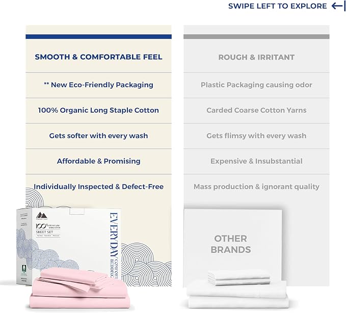Mayfair Linen 100% Organic Cotton Sheets King Size - 4 PC Organic Cotton King Size Percale Weave Sheet Set, Soft, Cooling, Crisp & Breathable, 16" Deep Pocket Hotel Quality Bedding Set - Blush