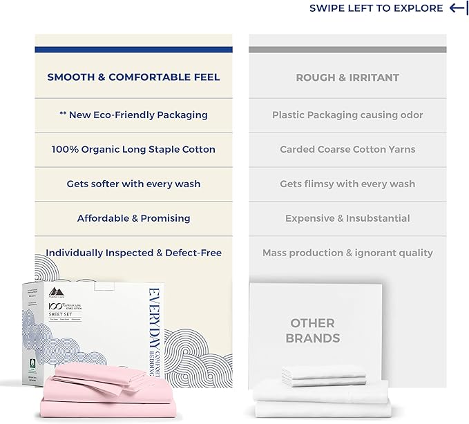 Mayfair Linen 100% Organic Cotton Sheets Twin XL Size - 3 PC Organic Cotton Percale Sheets Twin XL Set (Blush), Soft, Crisp, Cooling Bedsheets, 16" Deep Pocket Hotel Bedding - GOTS Certified